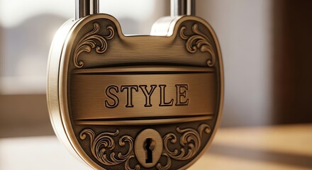 Close-up shot of an ornate brass padlock with the word 'STYLE' engraved on it, featuring a keyhole and decorative scrollwork, against a blurred background with natural light.