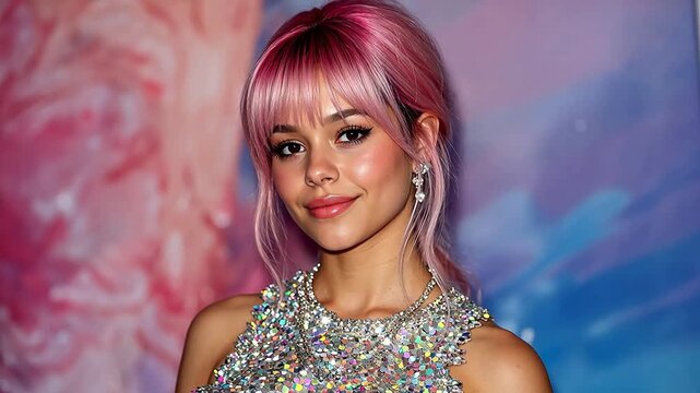 Woman with pink hair wearing sequined dress