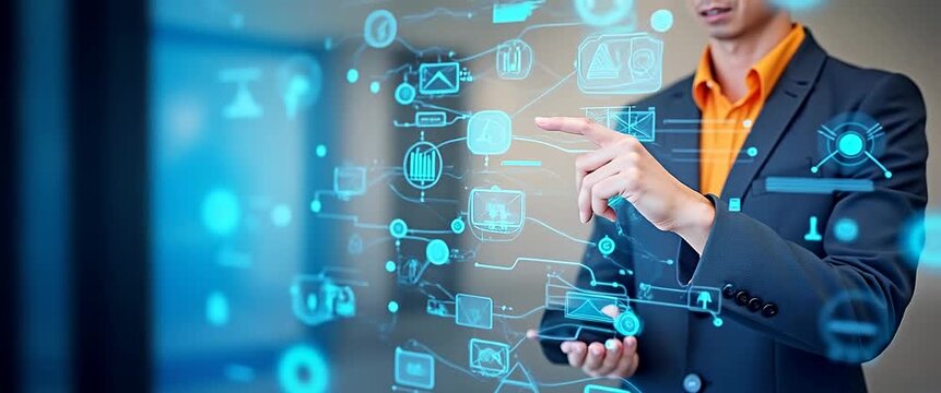Business professional showcases futuristic holographic technology interface, slow camera pan highlights digital innovation, gentle ambient motion enhances cinematic depth.