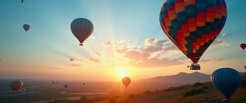 Majestic hot air balloons rise gracefully over a serene landscape at sunrise, with a cinematic slow pan capturing the vibrant colors against the gently swaying fields.