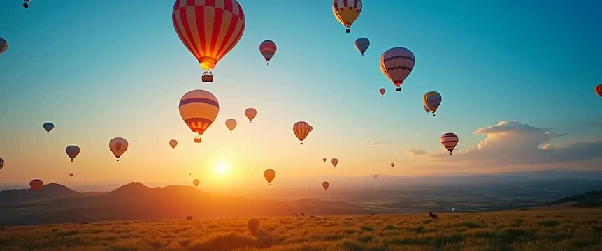Colorful hot air balloons gently ascend over a serene landscape, captured in a cinematic wide shot with a slow pan, as the sun sets, casting warm hues across the sky and distant mountains.