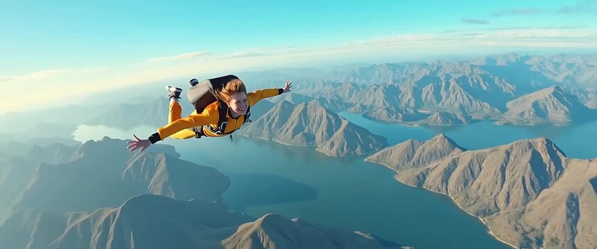 Dynamic skydiver soars through stunning mountain landscape, captured in a smooth cinematic aerial pan, with gentle clouds drifting across the horizon, showcasing adventure and freedom.