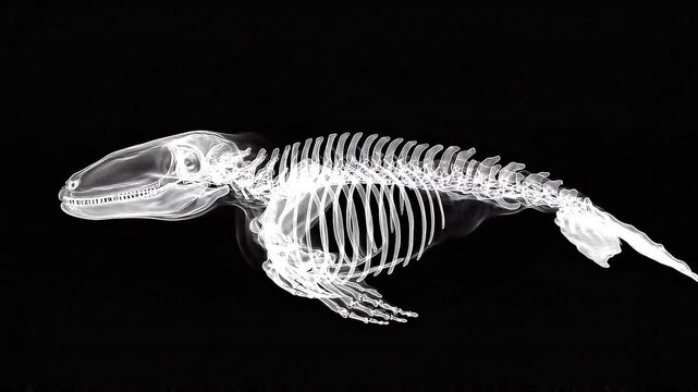 X-ray image revealing the detailed skeletal structure of a whale against a black background.
