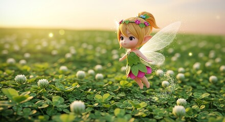 A small, blonde-haired fairy doll wearing a green dress and flower crown stands in a lush field of clover with white flowers at sunset.