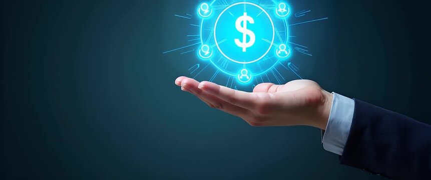 Hand raises digital currency icon with glowing network connections; camera slowly pans to emphasize innovation and technology in a futuristic, cinematic style.