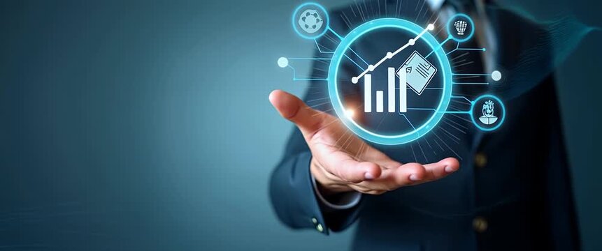 Businessman's hand presents a futuristic digital interface with animated graphs and icons; camera slowly pans to capture data visualization in a sleek, cinematic style.