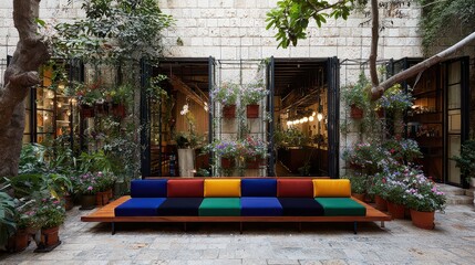 Vibrant Multi Colored Sofa Adorned with Greenery in a Serene Courtyard with a White Stone Ground Creating an Inviting Outdoor Living Space Under Soft Natural Lighting