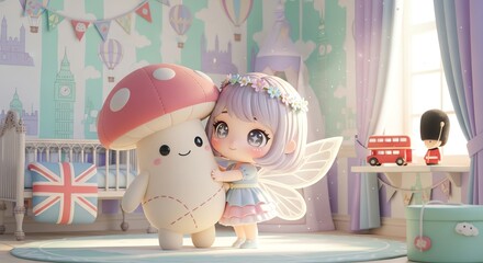 A cartoon fairy with purple hair hugs a smiling mushroom figure in a colorful children's room with a British flag crib and cityscape wallpaper.