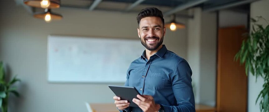 Confident professional holding a tablet in modern office, with a slow camera pan and gentle ambient motion of distant office activity, captured in a cinematic, business-focused style.