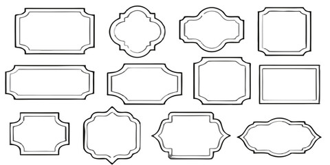 A set of elegant black and white label icons in various shapes and designs for use in graphic design projects