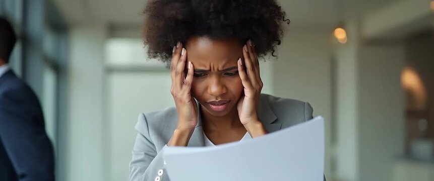 Businesswoman reads document with concern, slow camera pan, background colleague walks by; cinematic office scene with ambient light flickering, ideal for corporate stress themes.