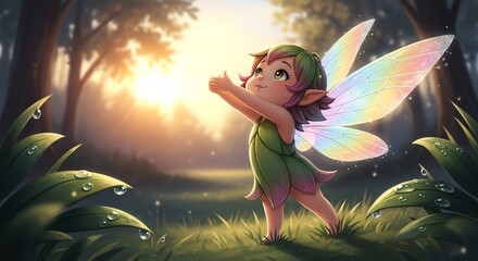 A cartoon fairy in a green outfit playfully poses with her hand near her face in a forest with lush foliage and a warm sunset background.
