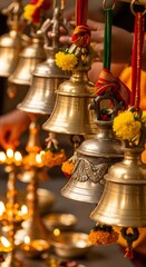 Traditional Indian Puja Bells and Lit Oil Lamps with Vibrant Marigold Flowers During a Hindu Religious Ceremony