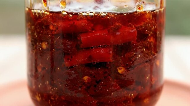 Extreme Close Up of Spicy Red Chili Pepper Relish Bubbling in Jar