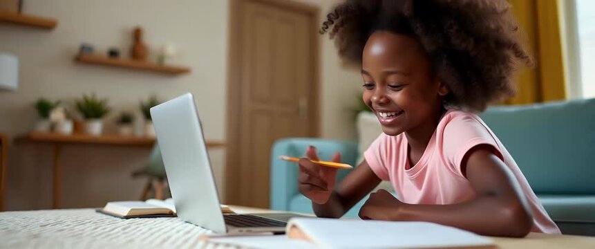 Joyful child engaging in online learning, writing with focus, as the camera gently pans across a cozy living room, creating a cinematic, inspiring educational atmosphere.