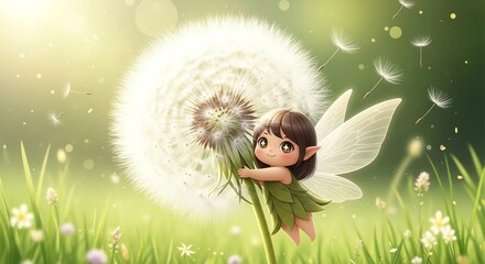 A cartoon fairy with brown hair and green dress blowing on a large dandelion in a field of grass and flowers with a sunny green background.