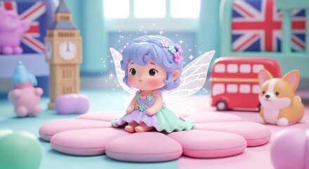 A cartoon fairy with blue hair and wings sits on pink macarons surrounded by toys, a red double-decker bus, and British-themed decorations in a colorful room with a playful mood.