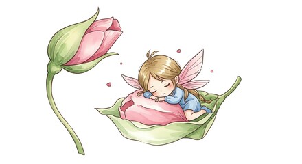 A serene fairy with delicate wings sleeps peacefully on a green leaf next to a pink flower bud against a clean white background.