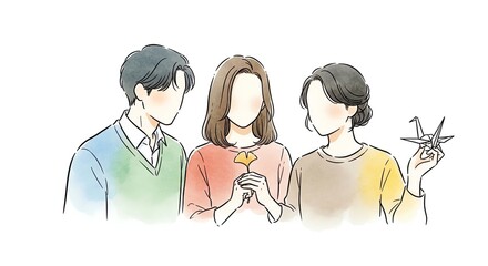 Illustration of three faceless people holding objects, a man and woman on the left and a man on the right with scissors, against a white background with a simple color palette.