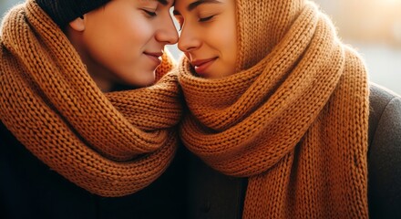 Tender close-up portrait of a loving couple wearing matching brown scarves, touching foreheads with warm, affectionate expressions, against a blurred background with soft, golden tones.