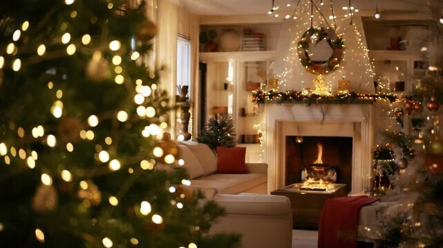 Cozy living room with decorated christmas tree, warm fireplace glow, garland, wreath and ornament