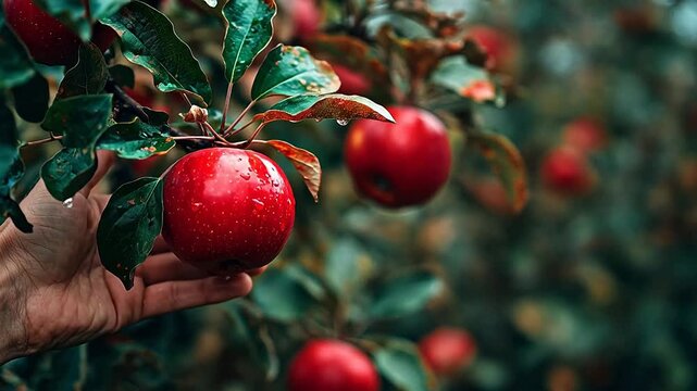 Hand holding red apple on tree