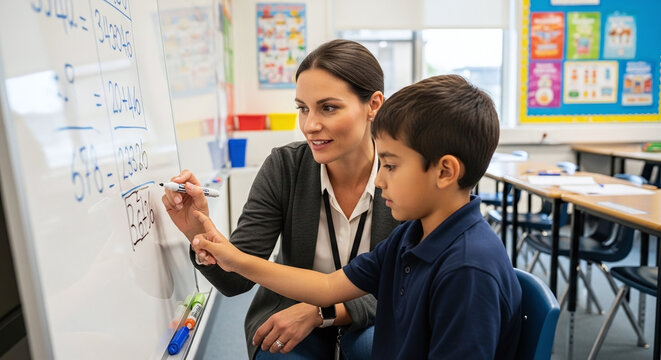 Teacher guiding student learning math at whiteboard kids school life learn study undergraduated