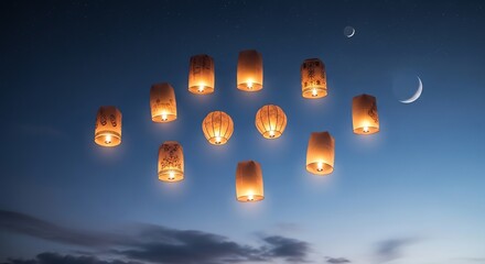 Glowing lanterns float in the night sky with a crescent moon and scattered clouds at dusk.