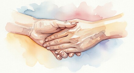 Illustration of two pairs of hands clasped together in a supportive gesture against a colorful watercolor background with soft pastel hues.