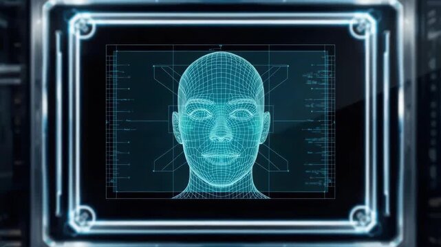 Wireframe human face scan holographic display biometric grid and 3D facial scan futuristic blue