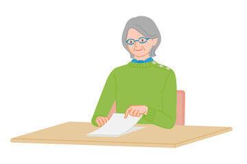 Senior woman at desk turning document page illustration