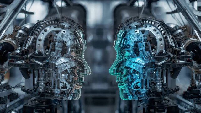 Futuristic robot humanoid mechanical face profile mirrored reflective industrial laboratory with