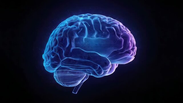 Glowing human cerebrum anatomy illustration blue purple neon with neural tissue texture and nervous