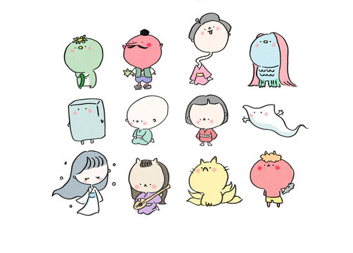 ゆるくてかわいい日本の妖怪の手描き風キャラクターイラストセット