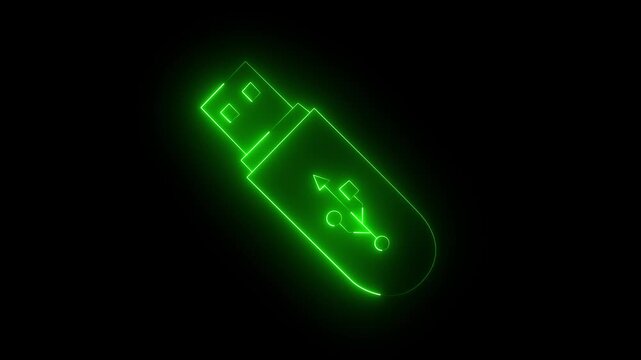Glowing neon USB port icon set. computer USB socket data cable symbol. connect external device USB sign animation on black background.