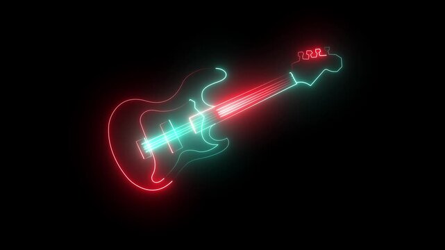 Abstract glowing neon guitar icon animated on black background.