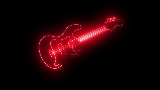 Abstract glowing neon guitar icon animated on black background.