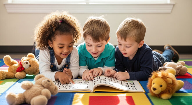 Diverse children reading a book together on a colorful rug with stuffed animals kids school life lea
