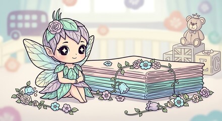 A cute cartoon fairy sitting beside a stack of colorful books with flowers in a whimsical nursery setting with a teddy bear.