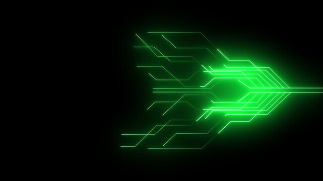 Networking chip icon futuristic neon circuit board animation on black background. Motion graphic digital futuristic technology.