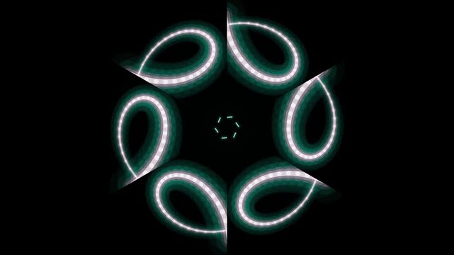 Glowing green leaf shapes form a circular pattern on black