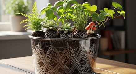 Close-up of a potted plant arrangement with succulents and greenery in a woven basket on a wooden table indoors.