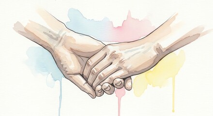 Illustration of two hands clasped together in front of a colorful watercolor background with pastel shades.