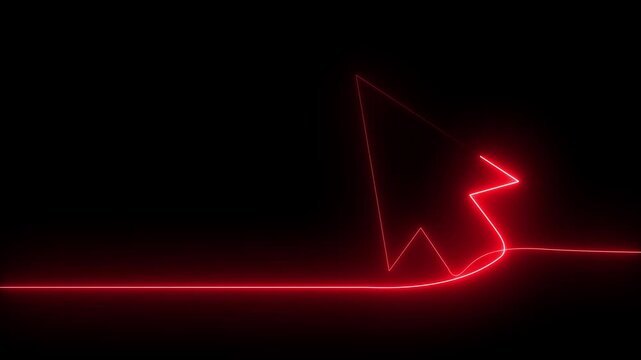 Glowing Neon line mouse cursor arrow on black background. Animated continuous one line drawing of a cursor arrow. Cursor. Mouse, pointer, click, button, website, user.