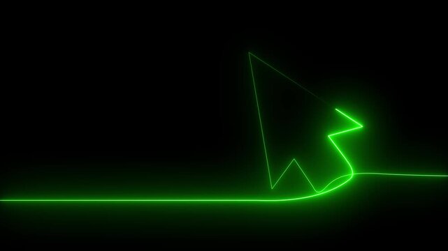 Glowing Neon line mouse cursor arrow on black background. Animated continuous one line drawing of a cursor arrow. Cursor. Mouse, pointer, click, button, website, user.