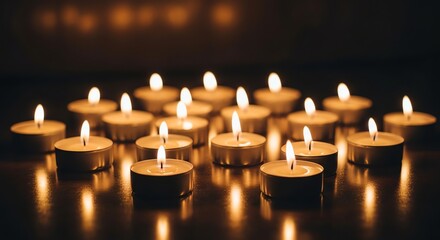 Close-up shot of multiple lit tea lights arranged in rows on a dark surface with warm, soft lighting and a shallow depth of field, conveying a peaceful and serene mood.