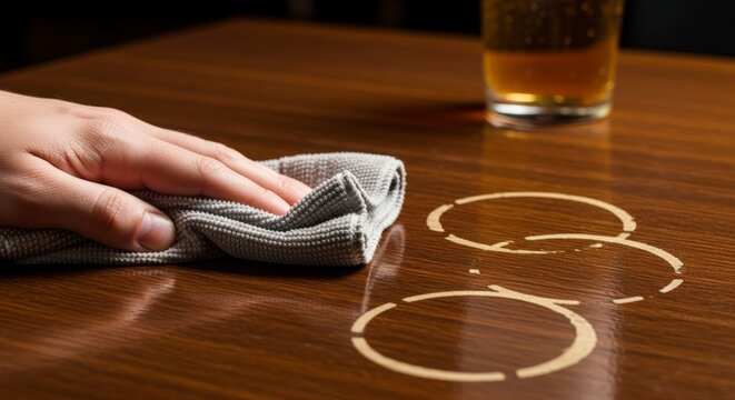 hand cleaning beer rings on table.