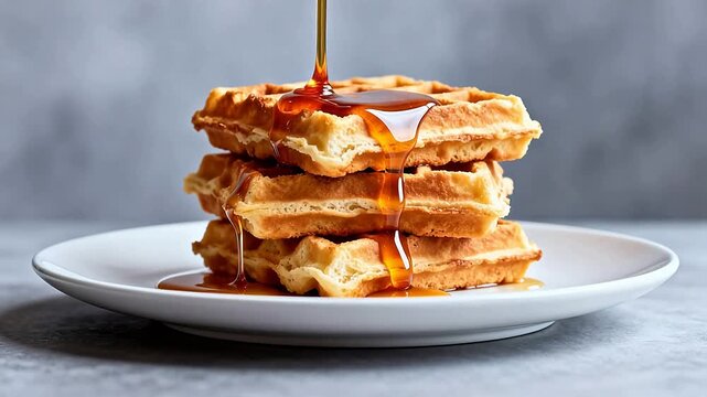 Stacked waffles with syrup pouring