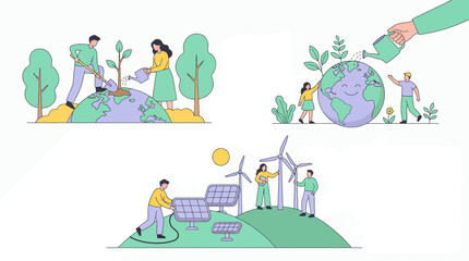 Naklejka premium Environmentalists planting trees on Earth globe and renewable energy technicians installing solar panels, concept for environmental sustainability, green energy promotion and ecological protection