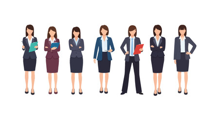 Obraz premium Group of Business Women Vector Set. Seven Diverse Professional Female Corporate Staff Standing in Formal Suits.